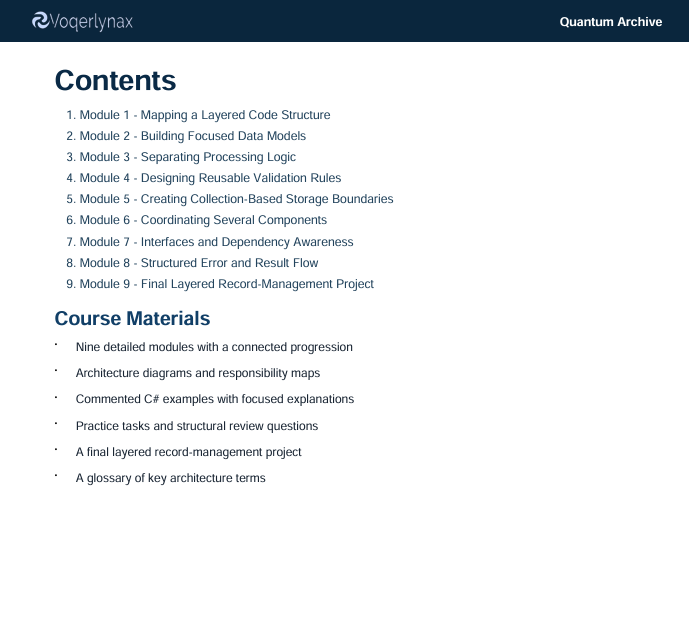 A digital slide or page from a course titled 'Course Materials' under the 'Contents' heading, listing modules and course details for a layered code structure and record-management project. The page has a white background with black text, a dark navy header at the top containing the text 'oqerlynax' and 'Quantum Archive', and a small circular logo on the top left.