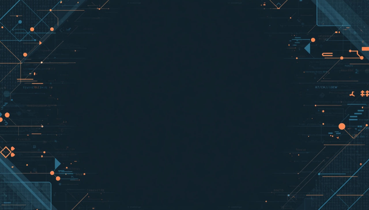 A dark navy blue digital background with abstract glowing orange and light blue geometric lines, dots, and circuit-like patterns framing the edges.