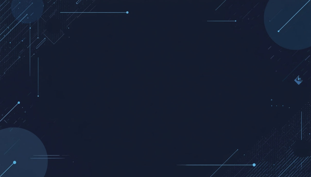 A dark navy blue digital background with abstract light blue geometric lines, dots, and circular shapes around the edges.