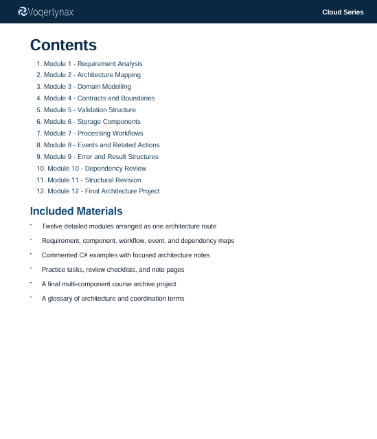 A document page with a dark navy header reading 'Coqerynax Cloud Series' and a table of contents listing modules and included materials on a white background.