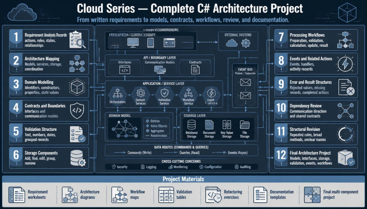 A dark navy blue infographic titled 'Cloud Series — Complete C# Architecture Project' with numbered steps from 1 to 12 arranged around central technical diagrams and icons, plus a row of project materials at the bottom.