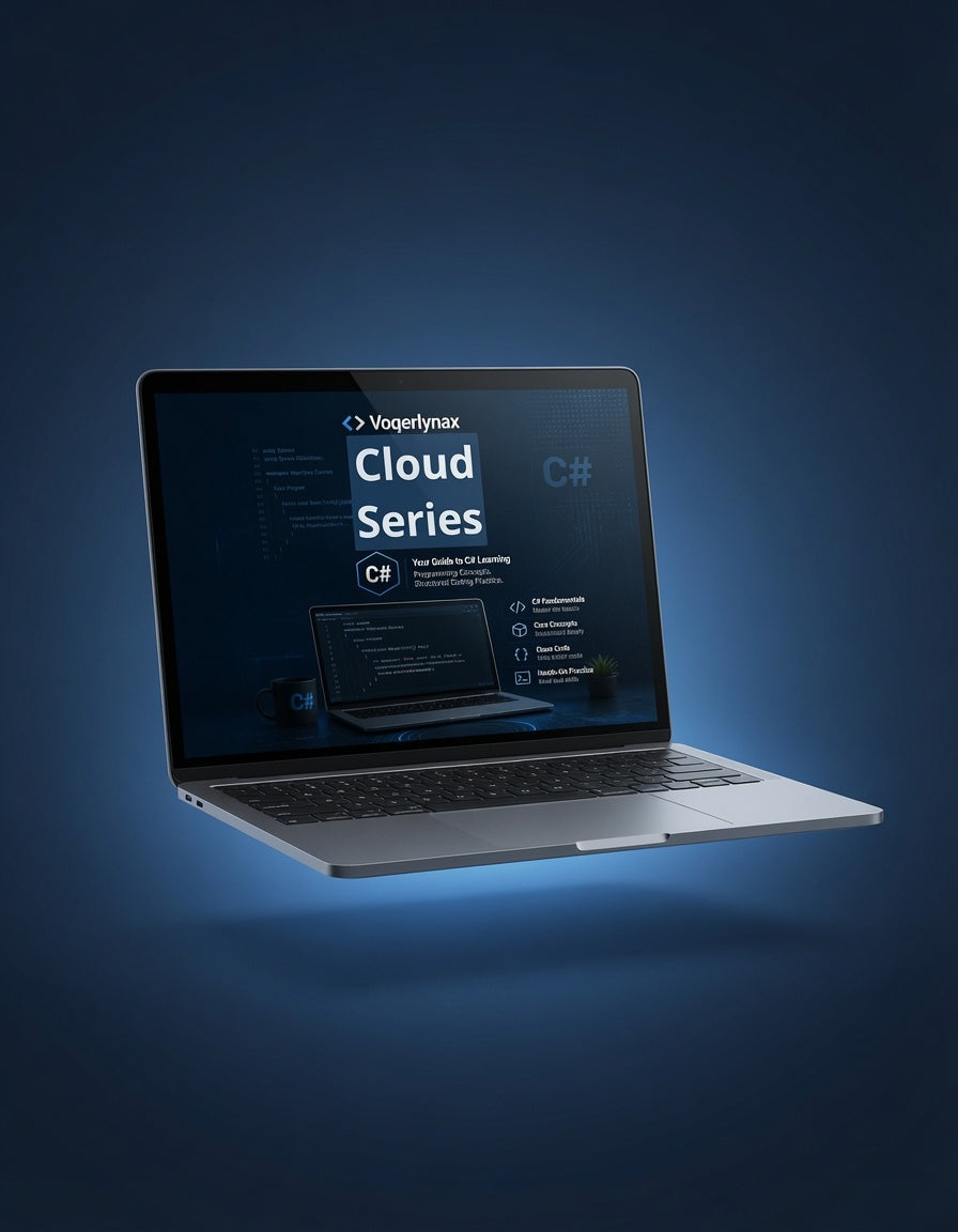 A silver laptop floating at an angle against a dark blue gradient background, with its screen illuminated and displaying the text 'Voegterynax Cloud Series C#' and code-related graphics.