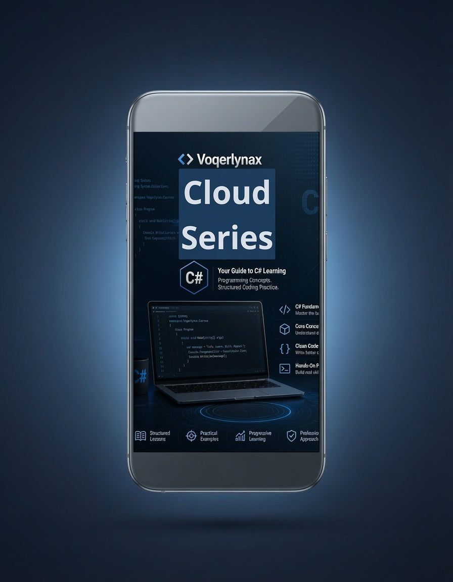 A smartphone mockup centered on a dark blue gradient background, displaying the Vogertymax Cloud Series C# guide cover on its screen.