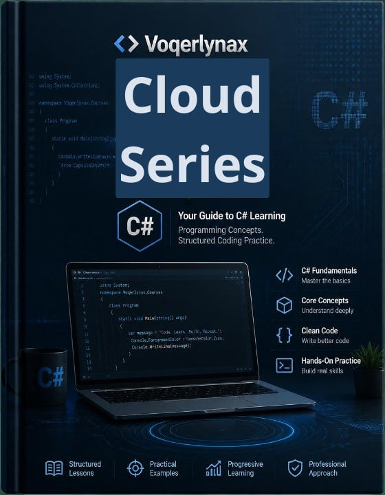 Front cover of the Voegerlynax Cloud Series C# programming book, featuring a dark blue and black design with a laptop showing code, C# logo, and feature icons for structured lessons, practical examples, progressive learning, and professional approach.