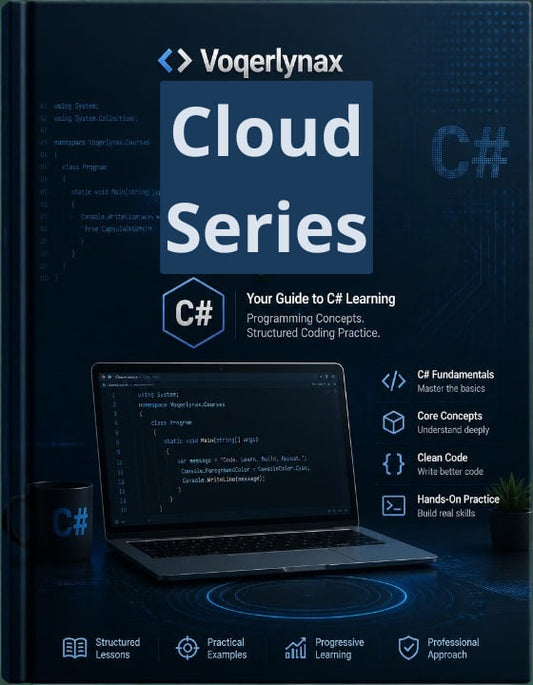 Front cover of the Voegerlynax Cloud Series C# programming book, featuring a dark blue and black design with a laptop showing code, C# logo, and feature icons for structured lessons, practical examples, progressive learning, and professional approach.