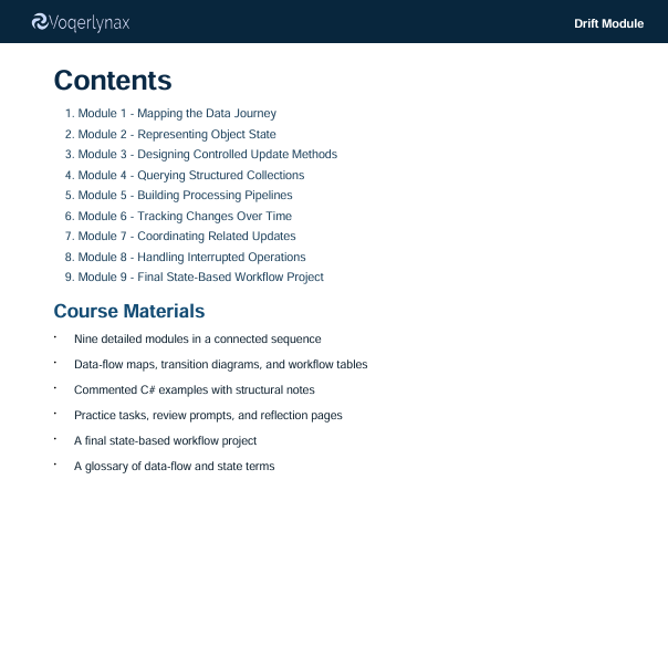 A digital slide or page from a Voqerlynax Drift Module course, displaying a table of contents with nine modules listed in black text on a white background, with a dark navy header bar at the top.