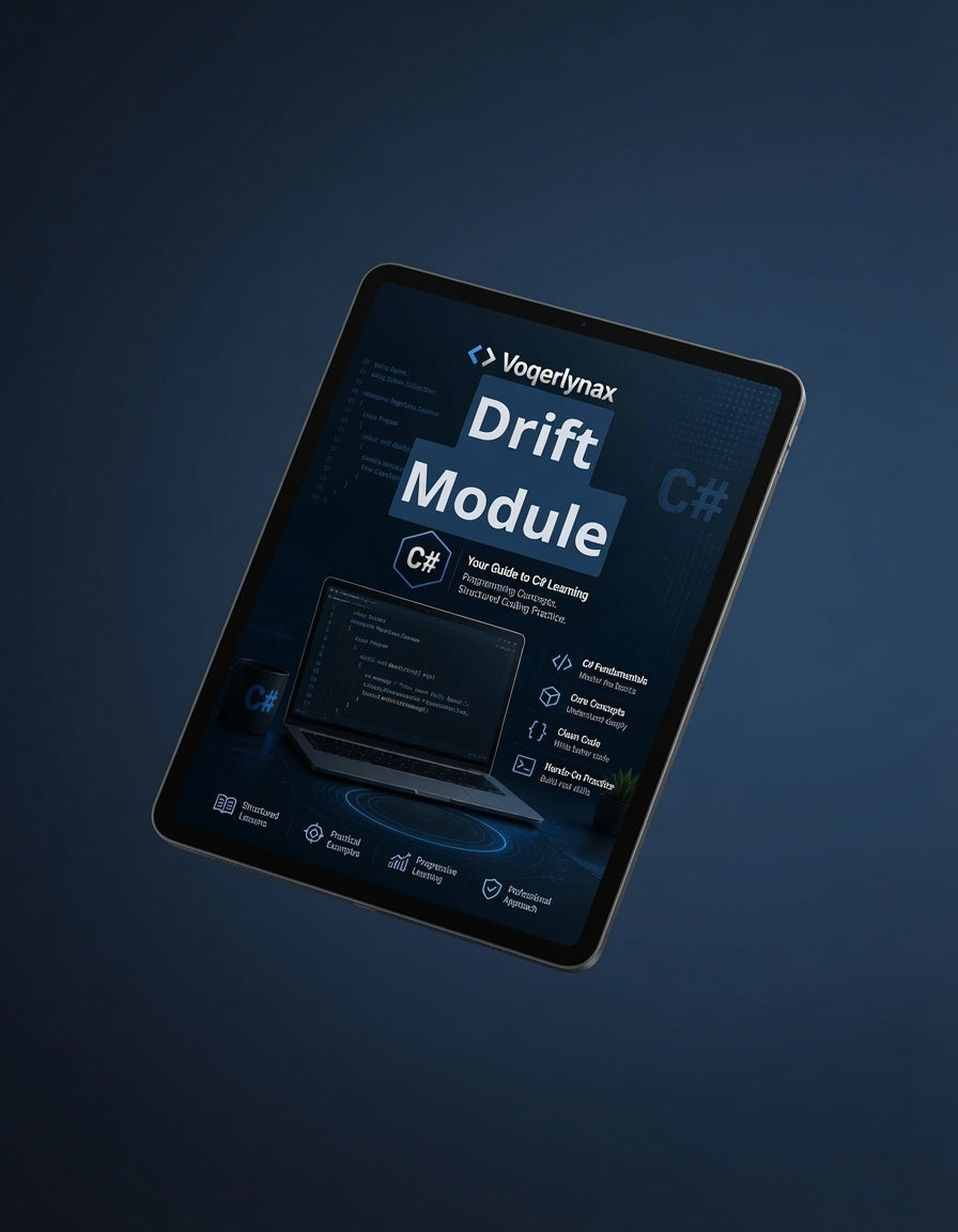 A tablet device shown at an angle against a dark blue gradient background, displaying the Veqerlynax Drift Module C# interface on its screen.