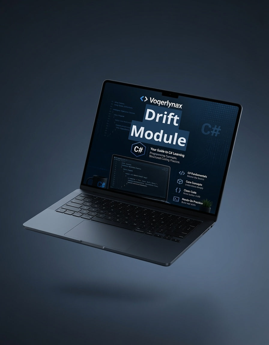 A dark gray laptop floating at an angle against a dark blue gradient background, displaying a digital course interface titled 'Vogerlynax Drift Module' on its screen.