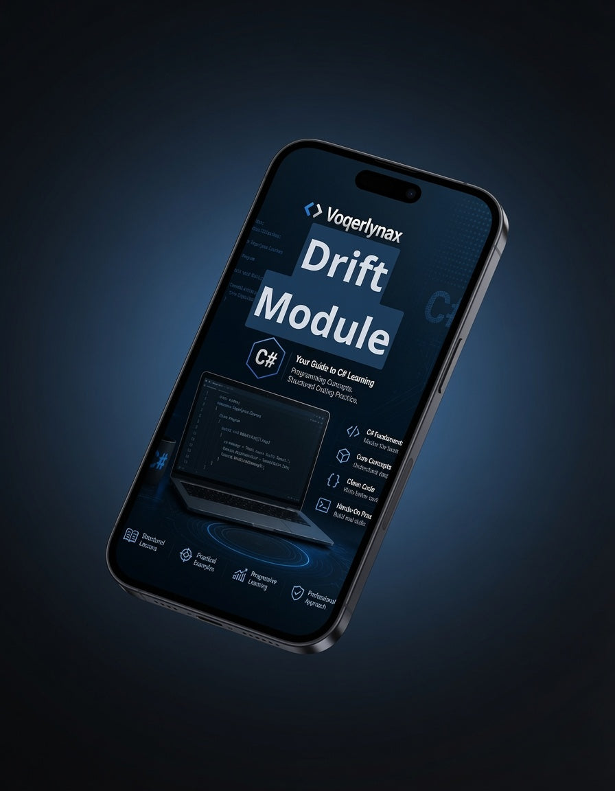 A smartphone shown at an angle against a dark blue gradient background, displaying a software interface titled 'Vogerymax Drift Module' on its screen.
