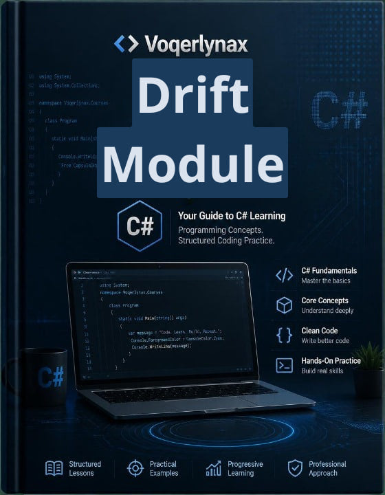 Front cover of the Voegerlynax Drift Module C# programming guide, featuring a dark blue background, a laptop showing code, and feature icons for C# fundamentals, core concepts, clean code, and hands-on practice.