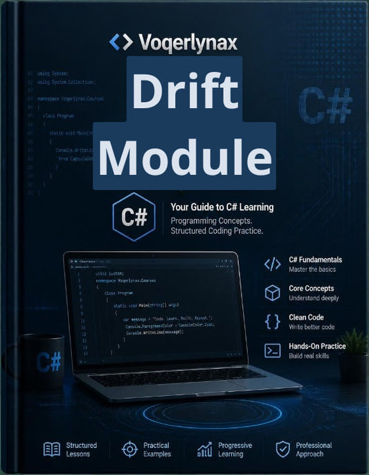 Front cover of the Voegerlynax Drift Module C# programming guide, featuring a dark blue background, a laptop showing code, and feature icons for C# fundamentals, core concepts, clean code, and hands-on practice.