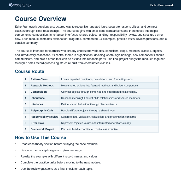 A digital document page from Joglinthax outlining the 'Course Overview' for Echo Framework, featuring structured text sections, a 'Course Route' table, and learning objectives on a white background with gray text.
