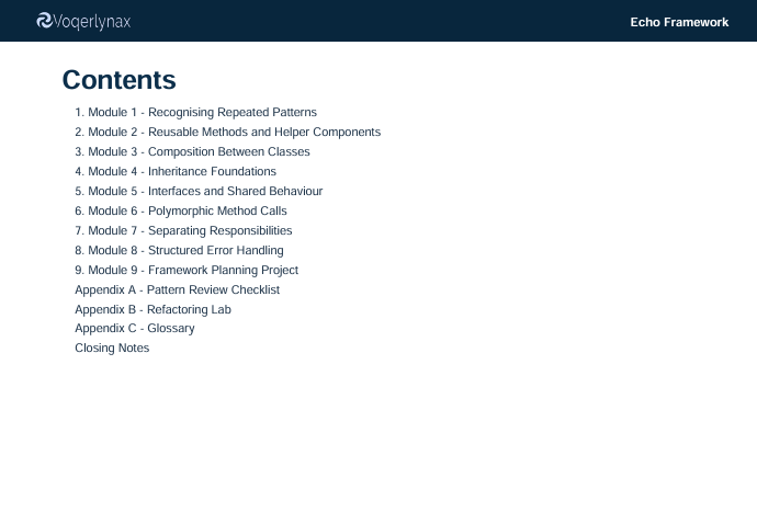 A digital slide showing the table of contents for the Echo Framework by voegerlynax, with a dark navy header and a white background listing chapters from Module 1 to Module 9 and appendices.