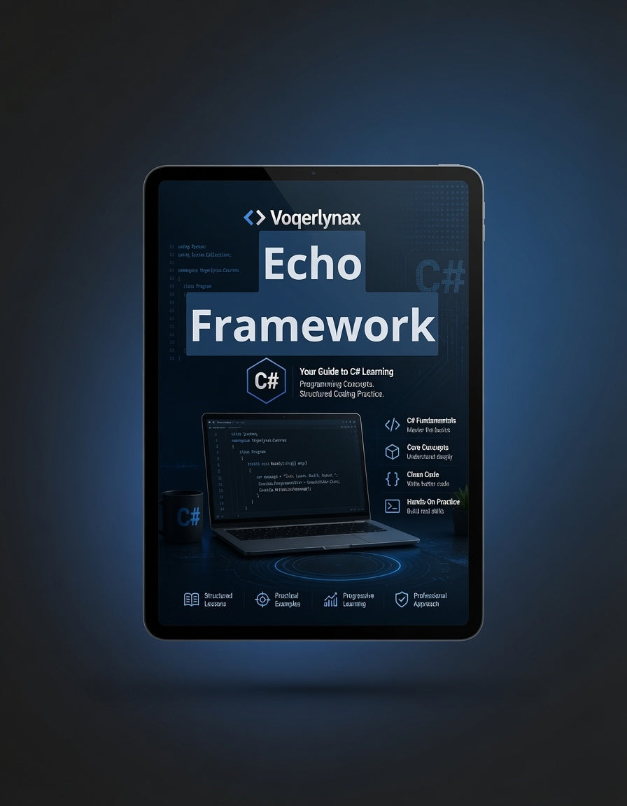 A tablet device centered on a dark blue background, displaying a digital cover for a Voqerlynax Echo Framework C# learning guide.