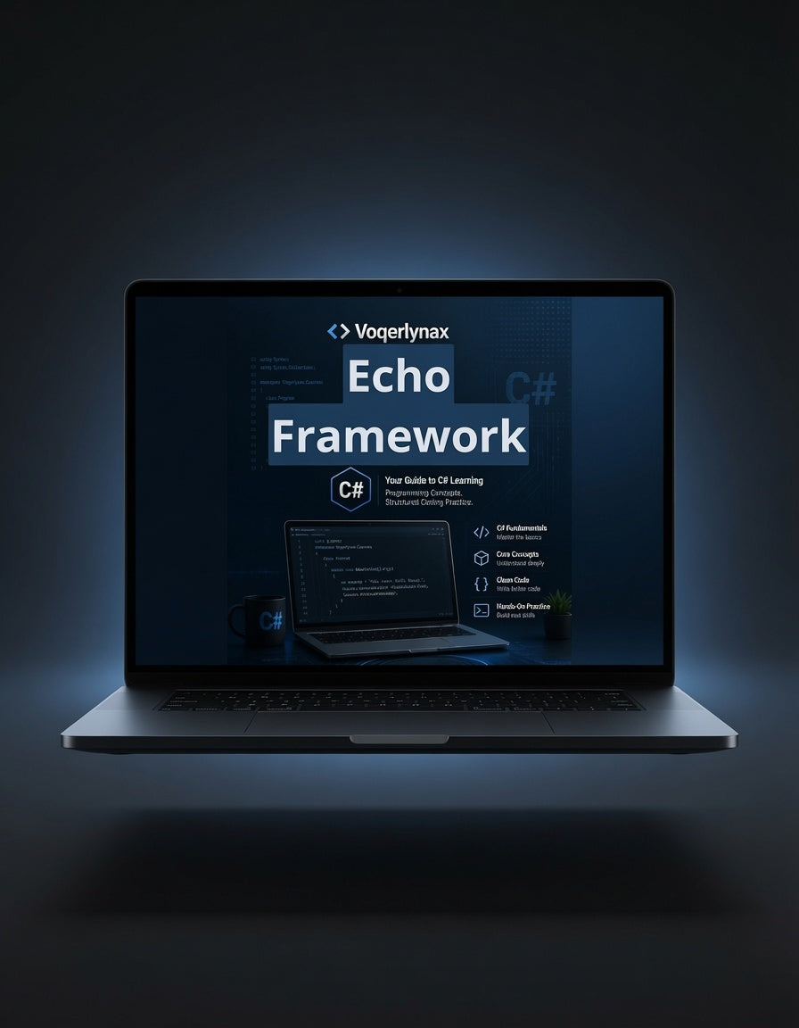 A silver laptop floating against a dark background, with a glowing blue light beneath it. The laptop screen displays a presentation slide for 'Echo Framework' with the 'Voqerlynax' brand logo at the top.