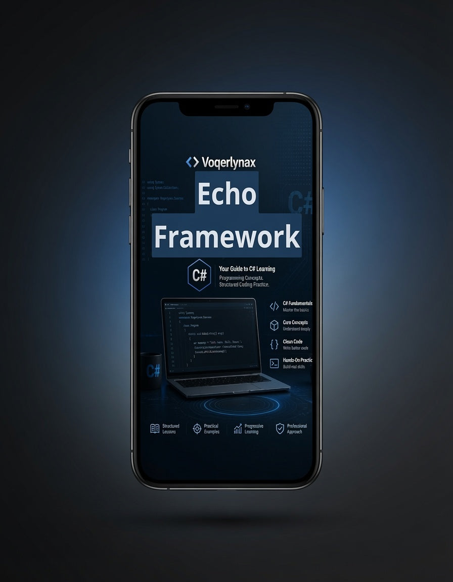 A smartphone centered on a dark blue gradient background, displaying a digital cover for a Voegtynax Echo Framework C# guide with a laptop graphic and text about web development features.