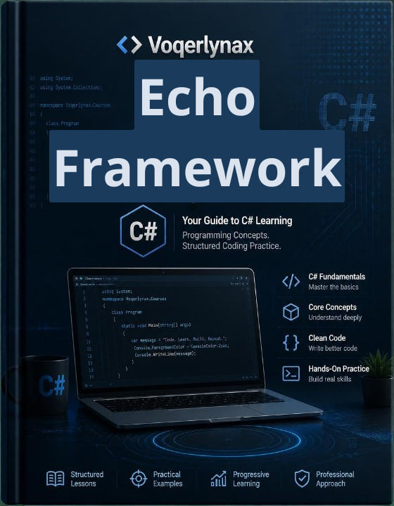 Front cover of the book 'Echo Framework: Your Guide to C# Programming Concepts, Structured Coding Practice' by Voegerlynax, featuring a dark blue design with a laptop showing code, C# and C# logo icons, and feature callouts on a dark background.