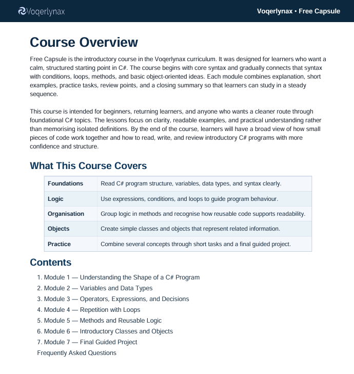 A digital course overview page for Vogerlynx + Free Capsule, showing text about the introductory course in C#R programming and a table titled 'What This Course Covers' with rows for Foundations, Logic, Organisation, Objects, and Practice.