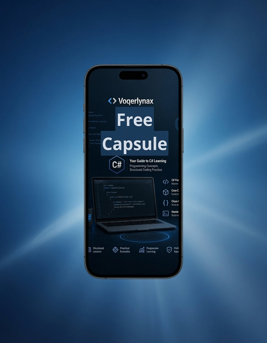 A smartphone centered on a blue gradient background, displaying the Vogerfynax 'Free Capsule' C# guide cover on its screen.