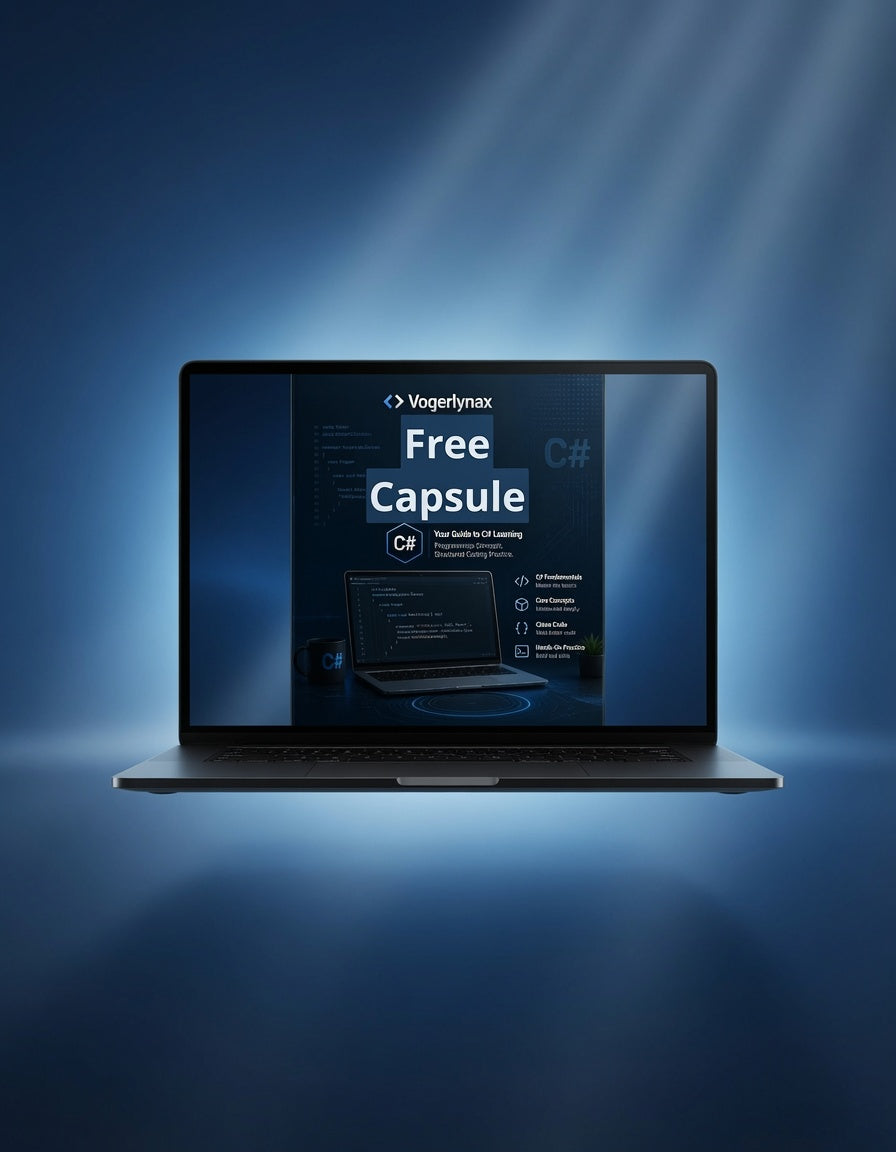 A laptop centered on a blue gradient background with spotlight effects, displaying a promotional screen for 'Vogermax Free Capsule' in C# programming.