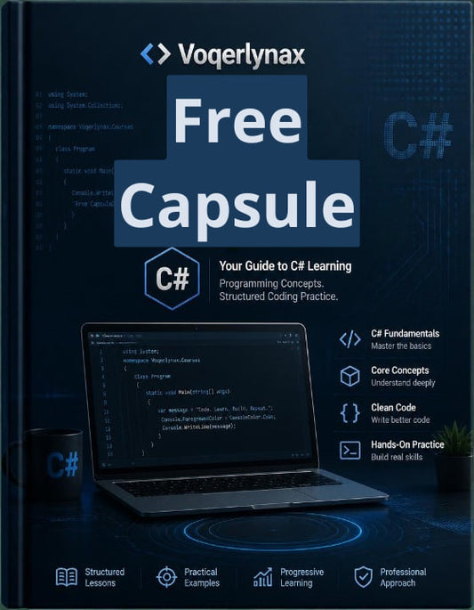 Front cover of the book 'Free Capsule: Your Guide to C# Learning' by Voquerlynax, featuring a dark blue and black design with a laptop displaying C# code, a C# logo, and feature icons for structured lessons, practical examples, progressive learning, and a professional approach.