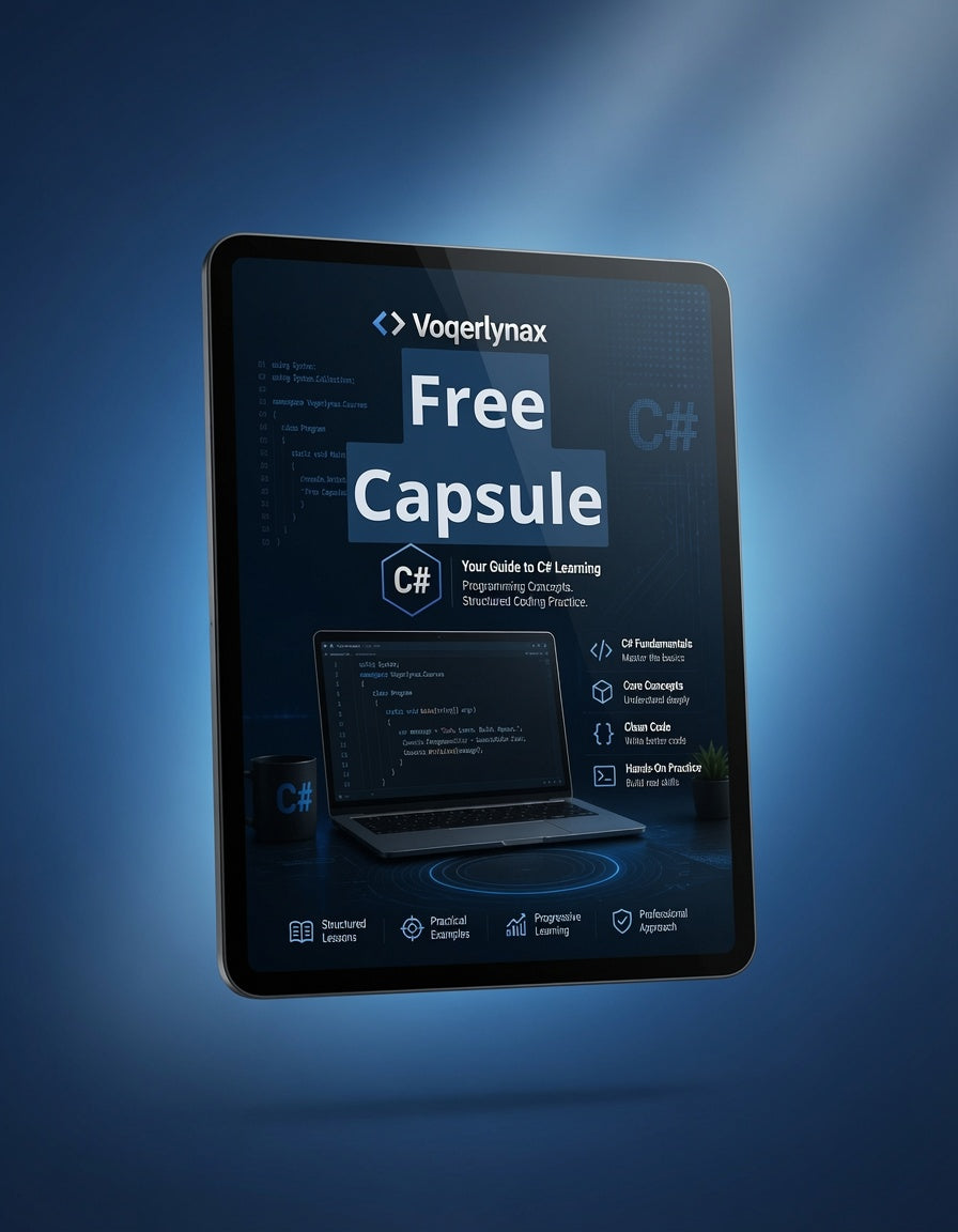 A tablet device displaying a promotional graphic for Voqerlynax Free Capsule C# programming content, shown against a dark blue gradient background.