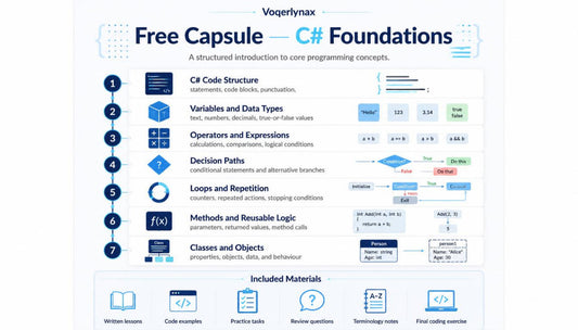 An infographic-style product image for a 'Free Capsule C# Foundations' educational course by Voqerlynax, outlining seven key learning modules with icons and diagrams on a light blue background.