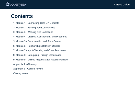 A digital slide showing the table of contents for a Vogerlynax Lattice Guide course, with a dark navy header and a white background listing modules and appendices.