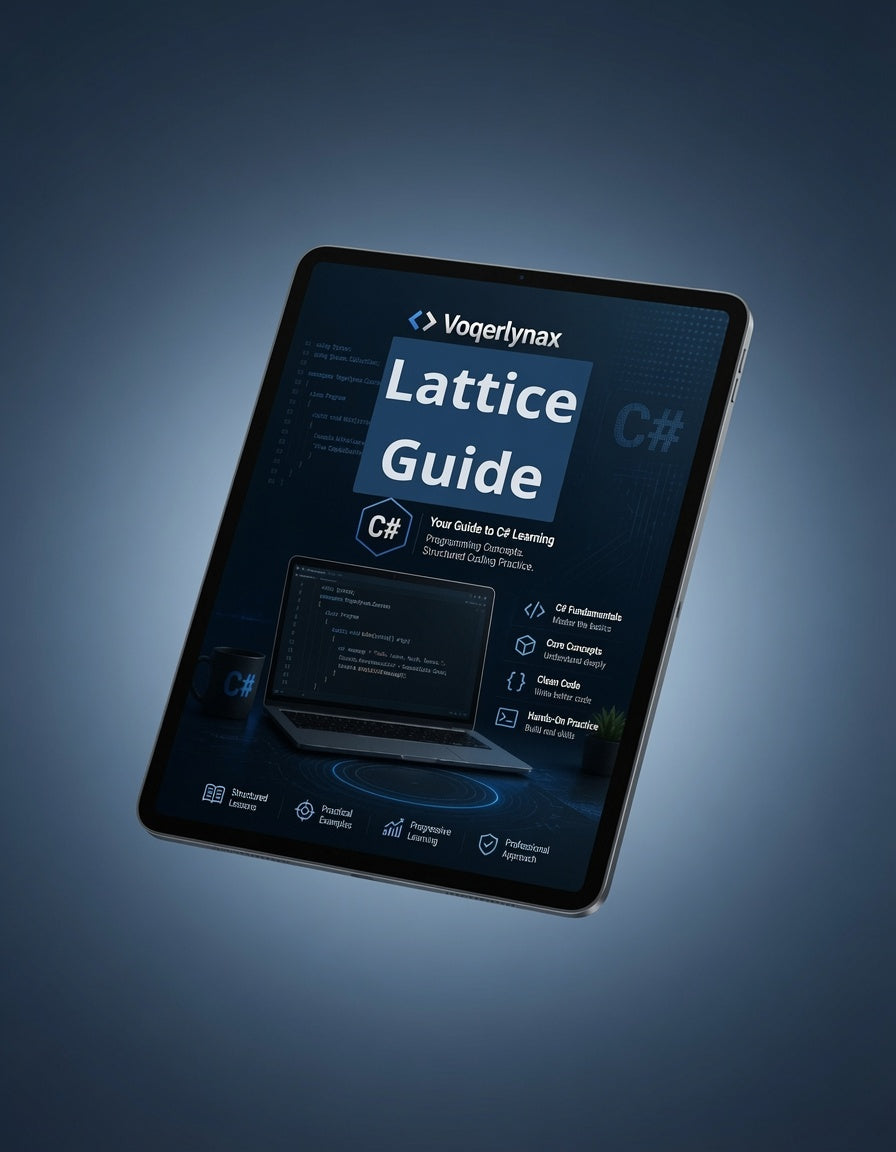 A tablet device displaying a book or guide cover titled "Voegerlyn Lattice Guide" with C# and .NET graphics, shown floating against a dark blue gradient background.