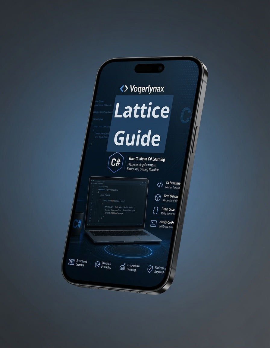 A smartphone shown at an angle against a dark blue gradient background, displaying a digital guide titled 'Lattice Guide' on its screen. The phone has a black front with a silver metallic edge, and the screen content includes the Vogerlymax brand name.