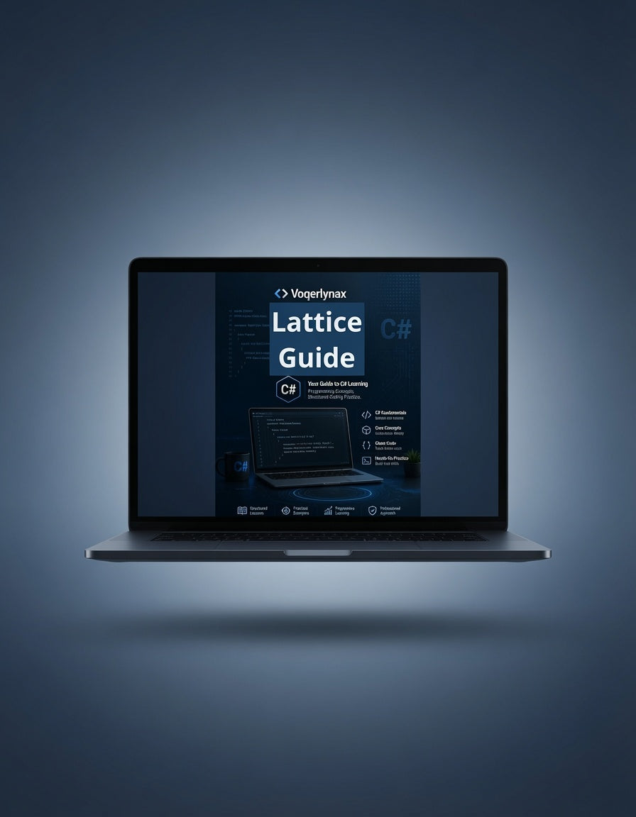 A laptop centered on a dark blue gradient background, displaying a website or guide titled 'Vogueymax Lattice Guide C#' on its screen.
