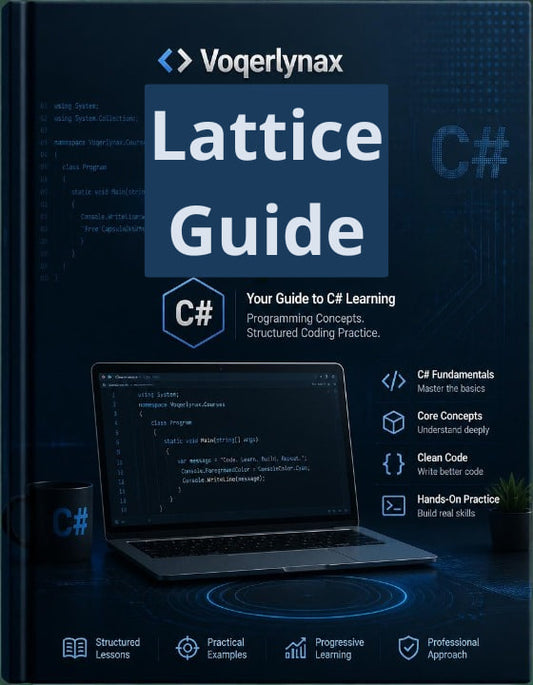 Voquerlynax Lattice Guide C# programming book cover shown as a digital product mockup, featuring a laptop with C# code, a coffee cup, and glowing circular interface elements on a dark blue background.