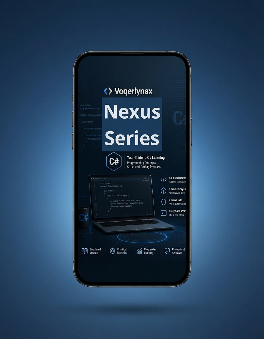 A smartphone centered on a dark blue gradient background, displaying a digital course cover for 'Vogerlynax Nexus Series' with a laptop graphic and text about C# programming.