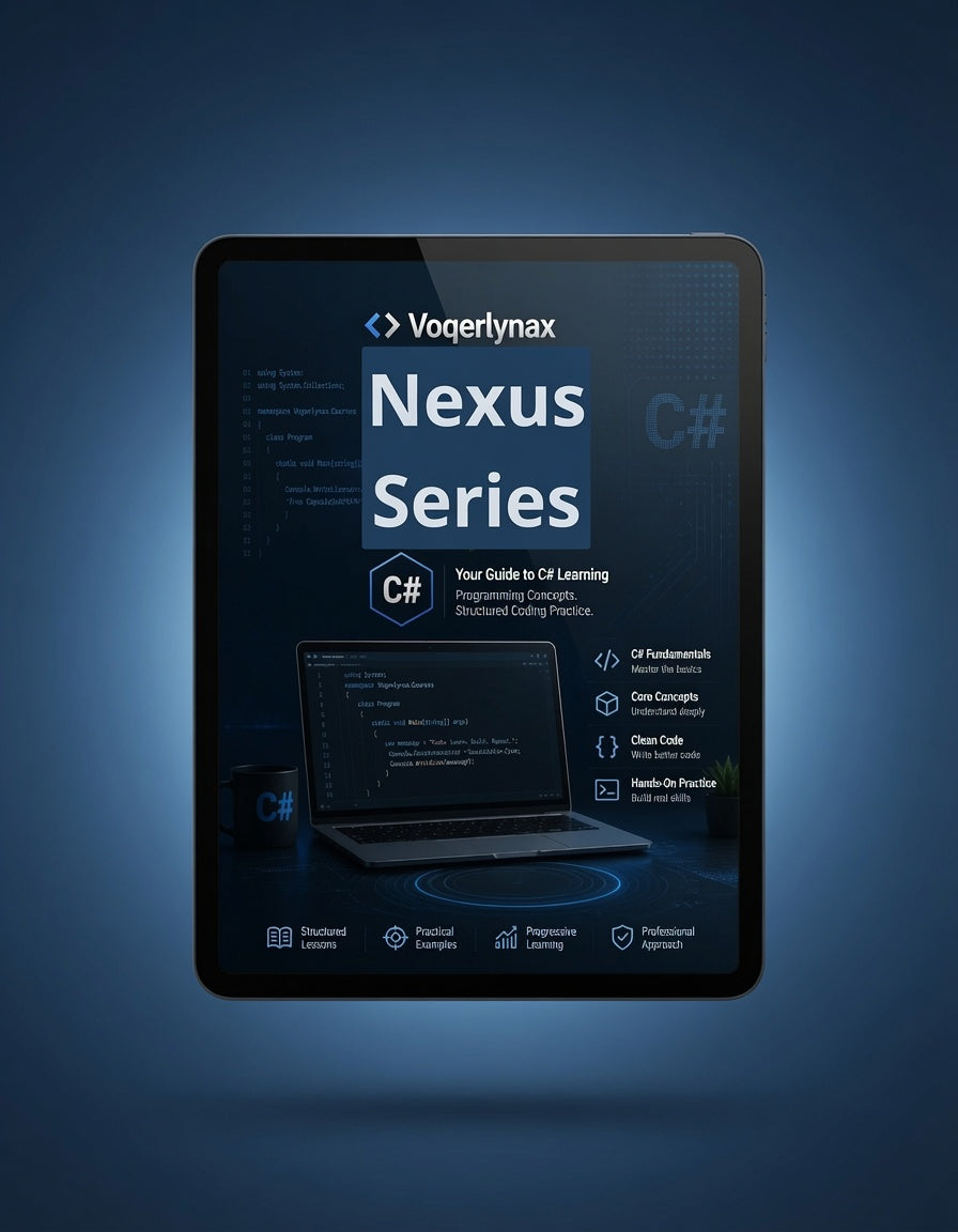 A tablet device centered on a dark blue gradient background, displaying a digital cover for the Voqerlynax Nexus Series C# guide. The screen shows a laptop with code, course icons, and text including 'Nexus Series' and 'C#'.