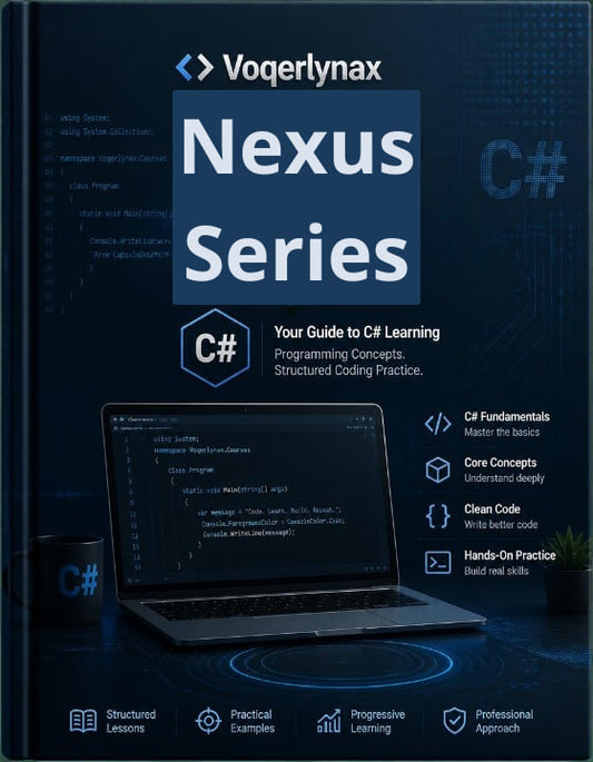 Front cover of the book 'Nexus Series: Your Guide to C# Learning' by Voegerlynax, featuring a dark blue and black design with white text, a C# logo, and a laptop showing code on screen.
