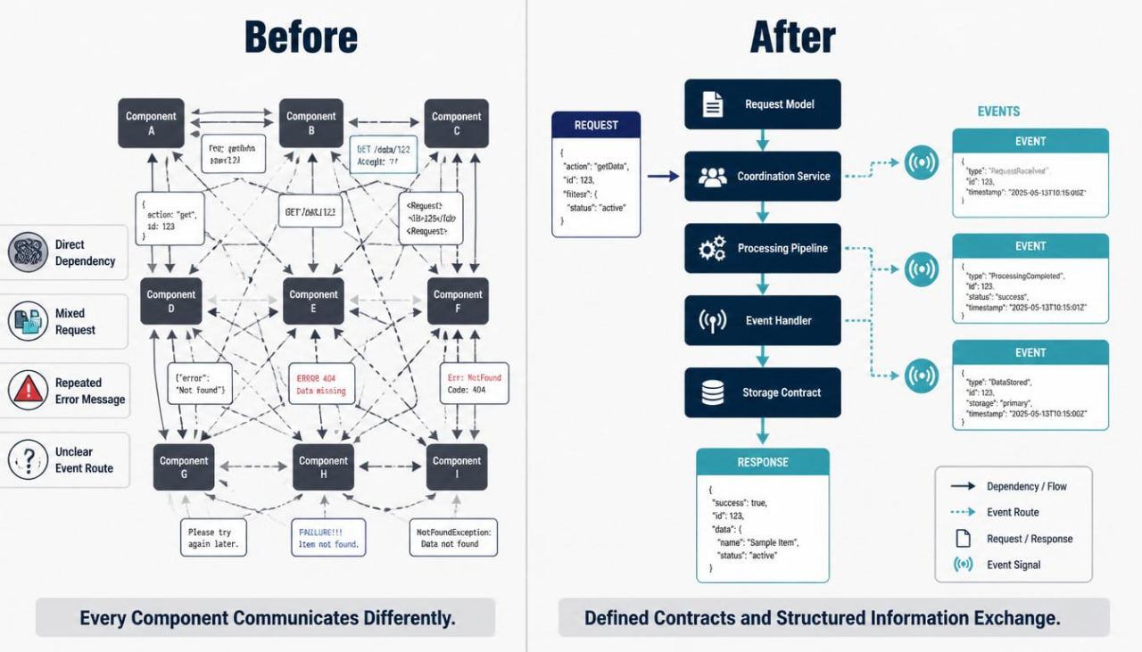 A side-by-side comparison diagram labeled 'Before' and 'After' showing a software architecture flow. The left 'Before' side contains tangled, messy component diagrams with warning icons and the caption 'Every Component Communicates Differently.