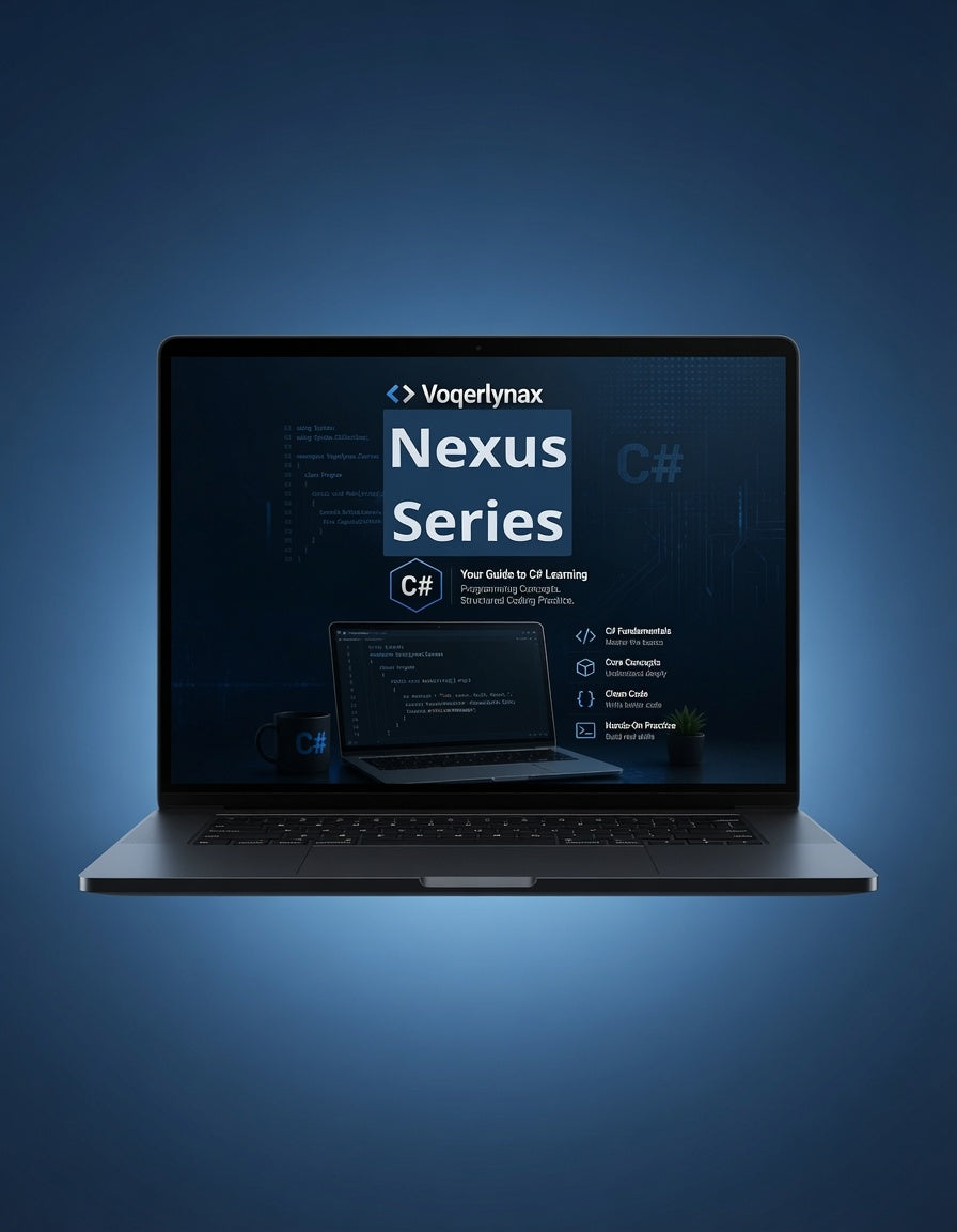 A silver laptop floating against a dark blue gradient background, displaying a screen with the text 'Voqerlymax Nexus Series' and a C# theme.