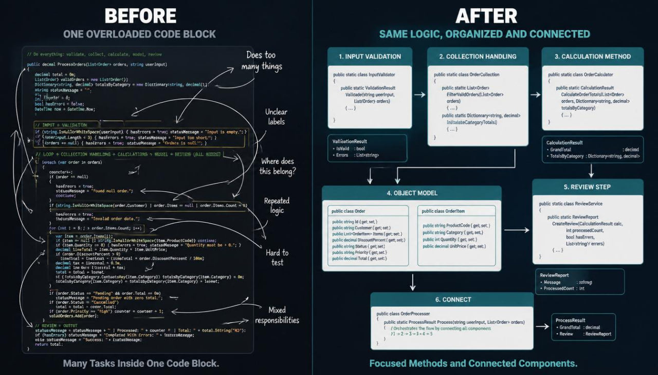 A dark-themed educational infographic comparing 'Before' and 'After' software development methodologies. The left side, labeled 'BEFORE', shows a cluttered block of messy code with handwritten annotations.