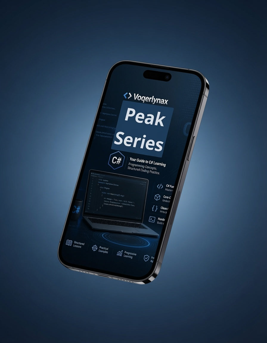 A smartphone shown at an angle against a dark blue gradient background, displaying the Voqerlynax Peak Series C# guide on its screen.