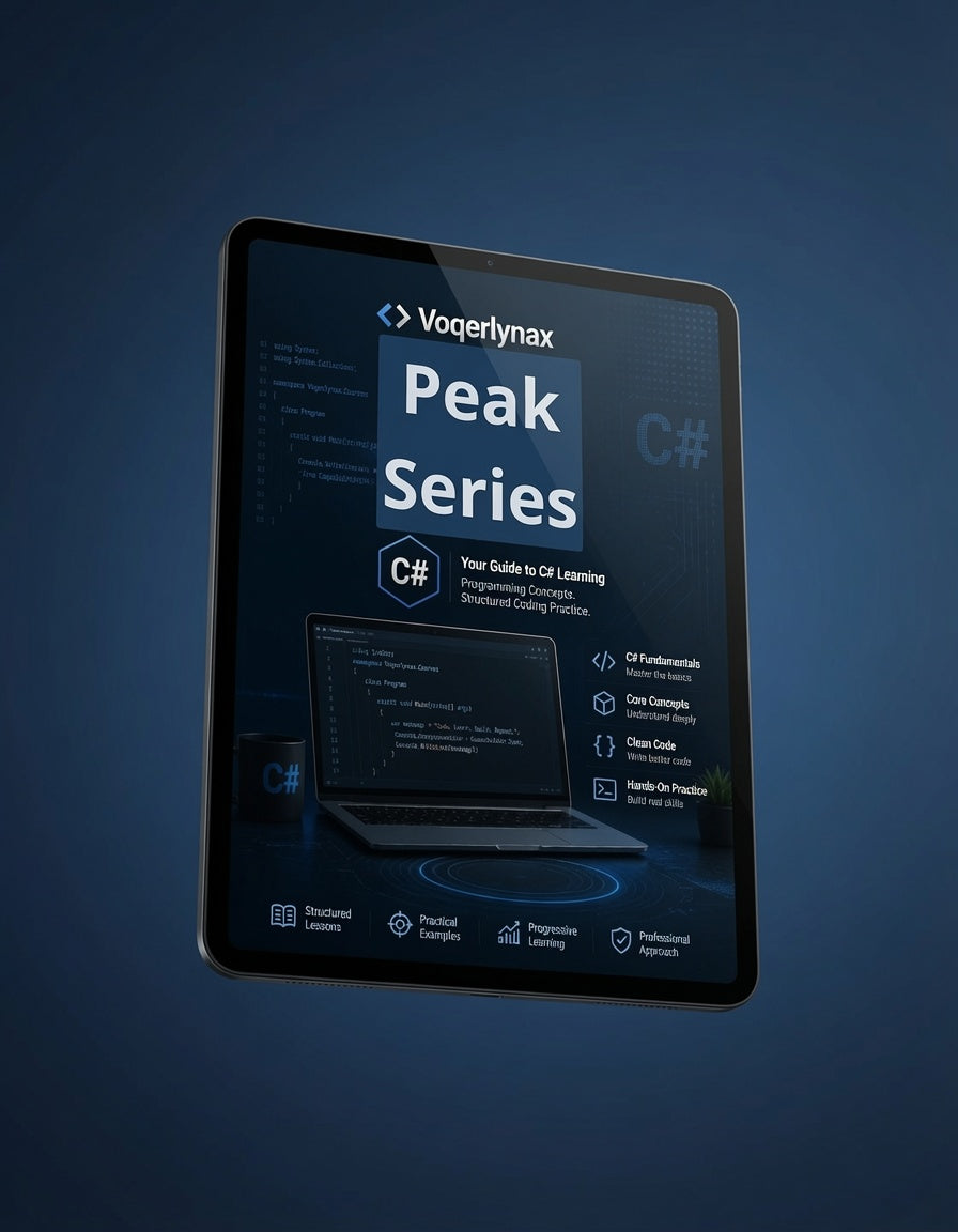 A tablet device displaying a book or guide cover titled 'Voqerlymax Peak Series C#' against a dark blue gradient background.