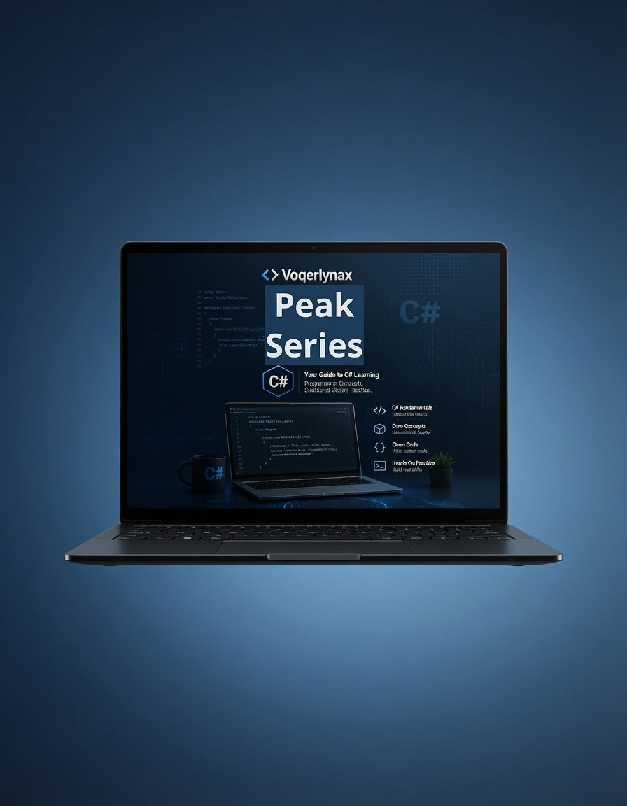 A dark gray laptop floating against a blue gradient background, displaying a course cover for 'Peak Series C#' on its screen.