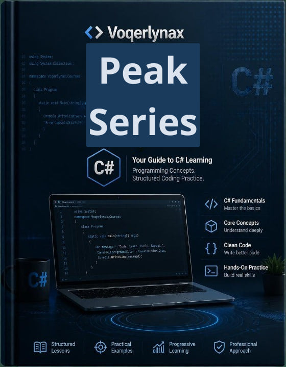 Front cover of the Voegerlynax C# Peak Series book, featuring a dark blue background with large white title text, a laptop showing code, and feature icons for C# fundamentals, core concepts, clean code, and hands-on practice.