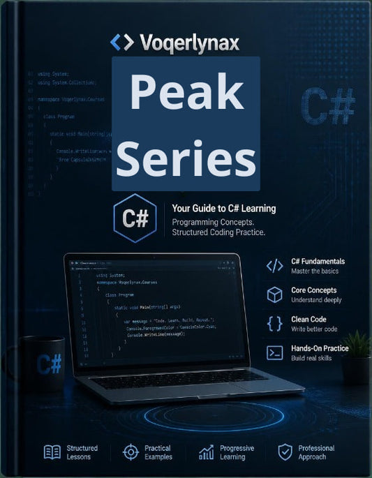 Front cover of the Voegerlynax C# Peak Series book, featuring a dark blue background with large white title text, a laptop showing code, and feature icons for C# fundamentals, core concepts, clean code, and hands-on practice.