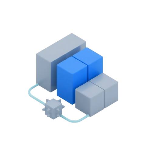 A 3D isometric rendering of a modular block system, featuring two blue cube blocks, two light gray rectangular blocks, and a light blue cable connected to a gray star-shaped connector, all on a solid white background.