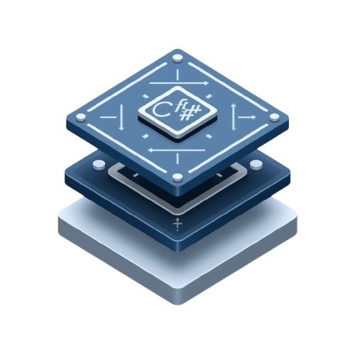A stylized 3D isometric illustration of a layered software stack or processor chip in shades of blue and gray, with a small C# logo on the top layer, set against a plain white background.