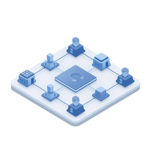 Blue and white isometric vector illustration of a network or system diagram with a central processing unit connected to multiple nodes and devices on a white background.