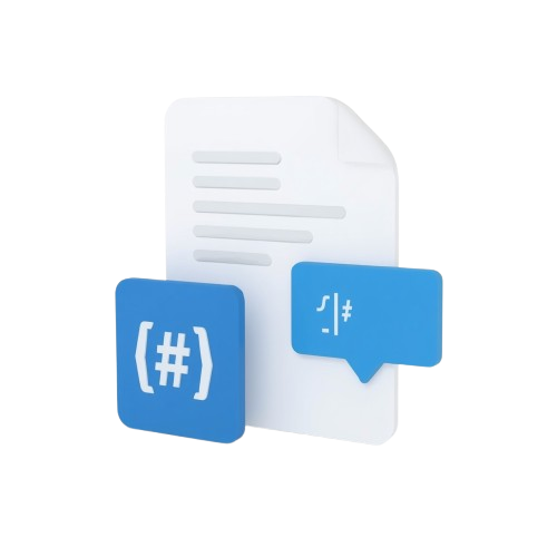 A stylized digital icon showing a white document with blue code-bracket and blue speech-bubble elements on a light gray background.