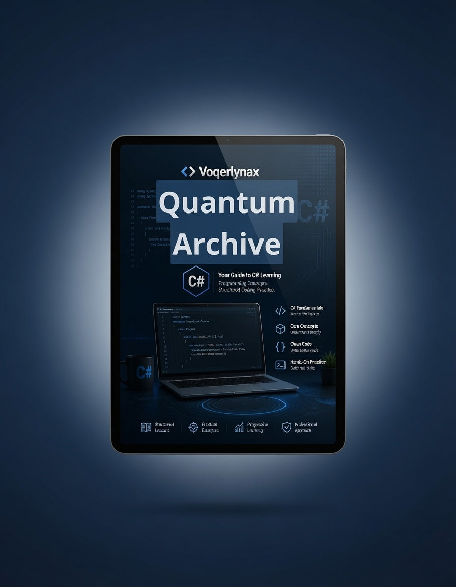 A digital product mockup of a tablet displaying the 'Voqerlynax Quantum Archive' C# guide, set against a dark blue gradient background with a soft glow.