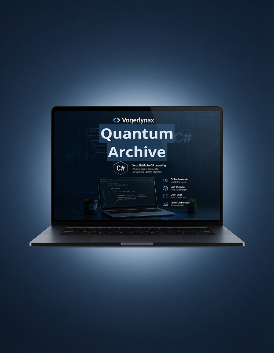 A silver laptop centered on a dark blue gradient background, displaying a screen with the text 'Voegerlynx Quantum Archive' and a C# guide interface.