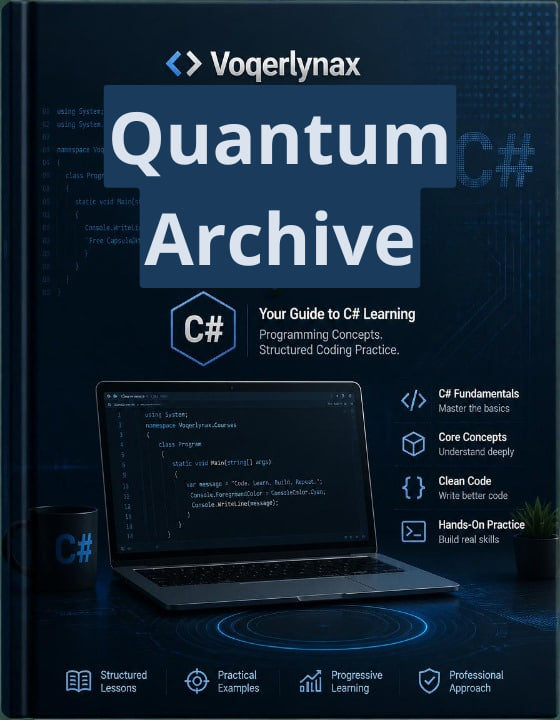 Front cover of the book 'Voquerlynax Quantum Archive: Your Guide to C# Programming Concepts, Structured Coding Practice' shown on a dark blue background with a laptop displaying C# code and C# logo graphics.